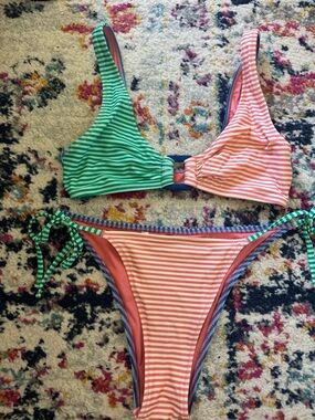 aerie Striped Triangle Bikini Top & Tie-Side Bottoms in Green & Coral